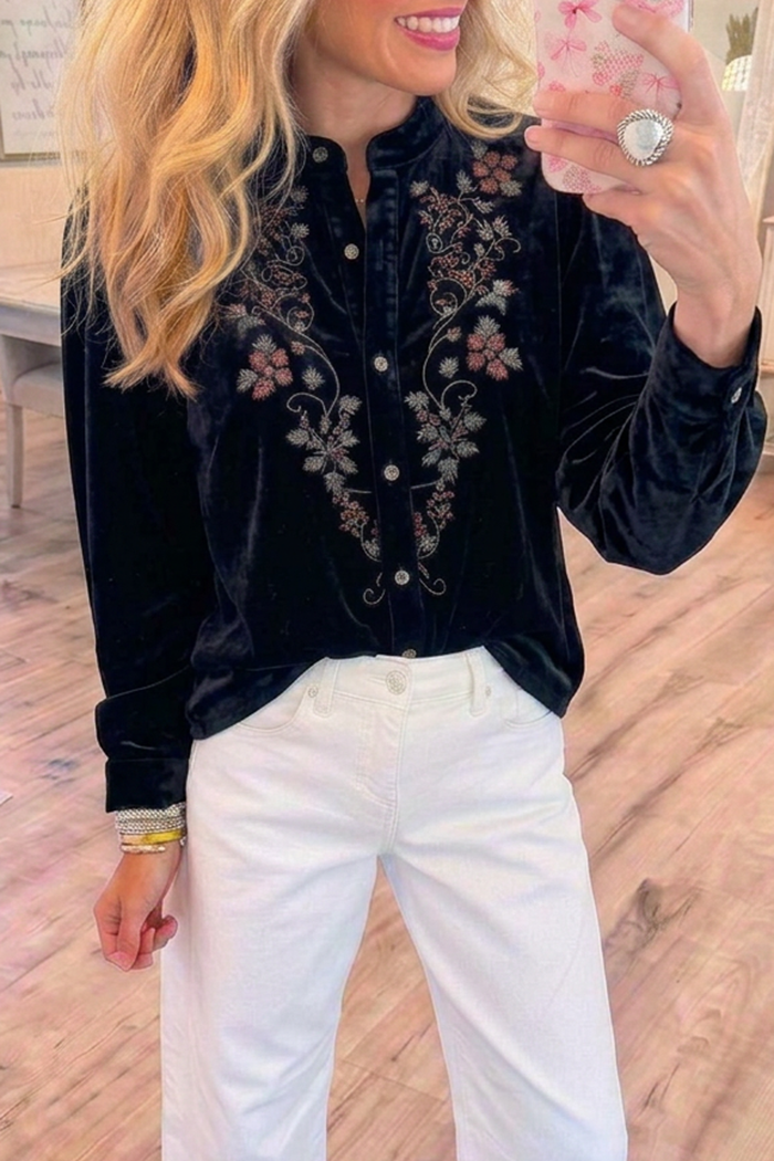 Black Velvet Soft Tone Floral Long Sleeve Top