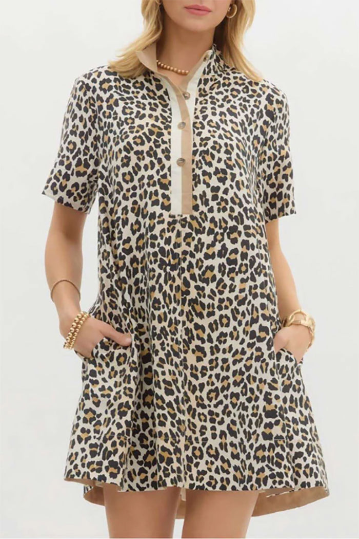 Leopard Print Henley Swing Pocket Dress