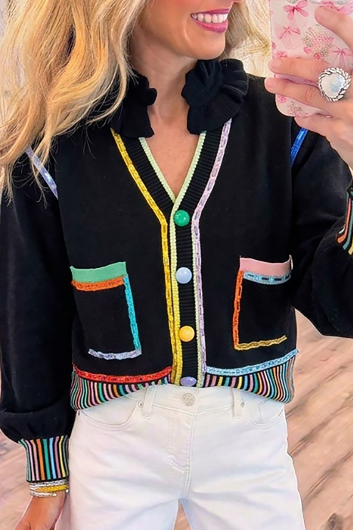 Black Ruffle Collar Knit Colorful Trim Pockets Top