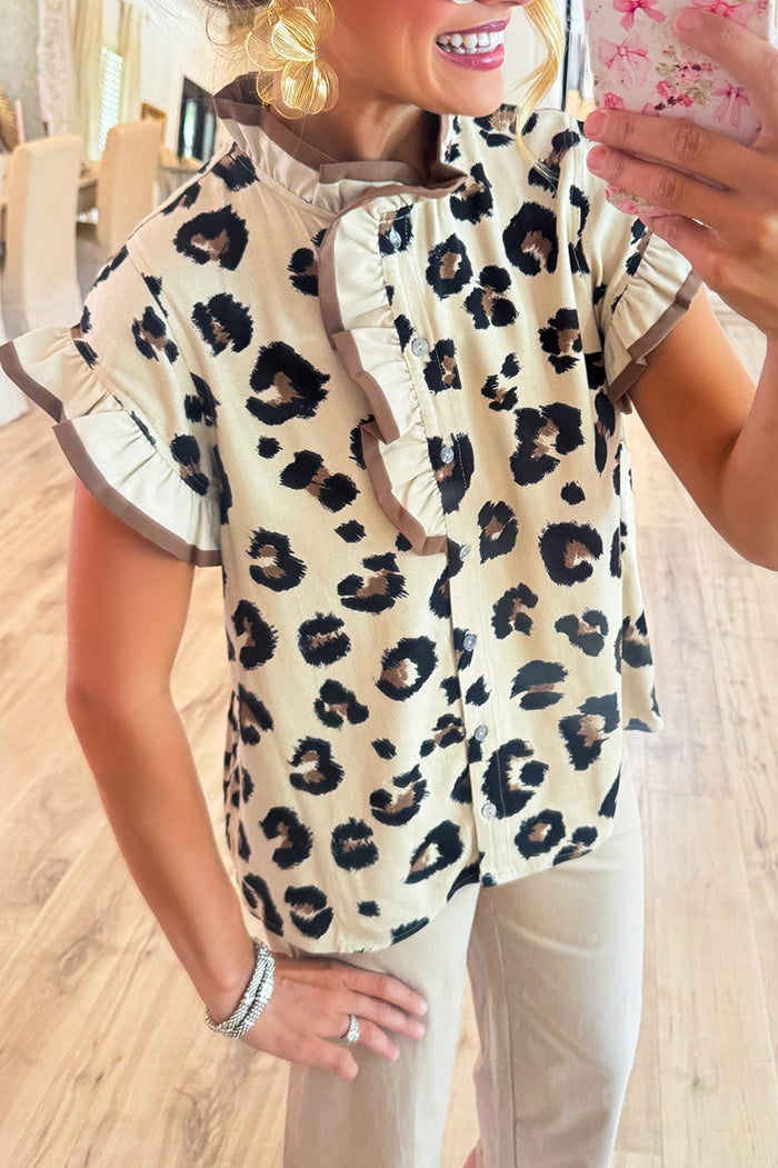 Leopard Ruffle Neck Button Top