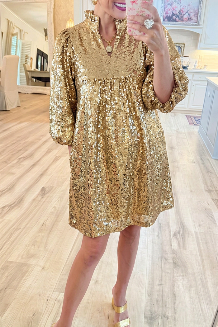 Gold Sequin Ruffle Stand Collar Puff 3/4 Sleeve Pockets Dress