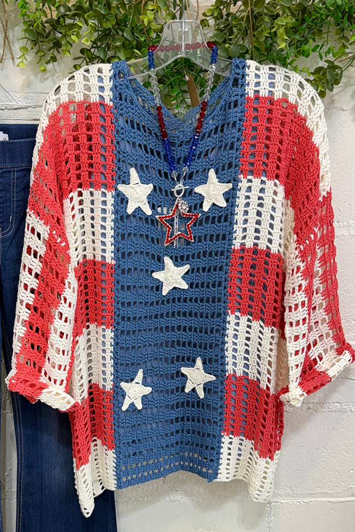 Patriotic Star Color Block Open Knit Sweater