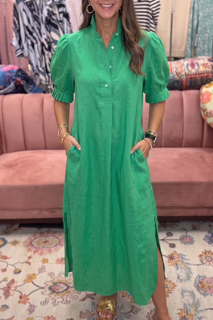 Green Puff Sleeve Pocket Side Slit Maxi Dress