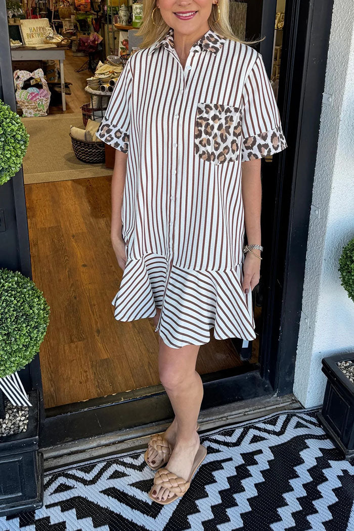 Striped Leopard Contrast Button Dress