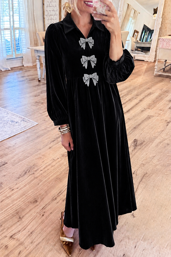 Black Velvet Collared Rhinestone Bow Pocket Maxi Dress