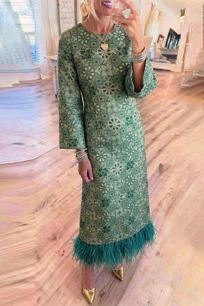 Floral Jacquard Round Neck Feather Hem Pockets Maxi Dress