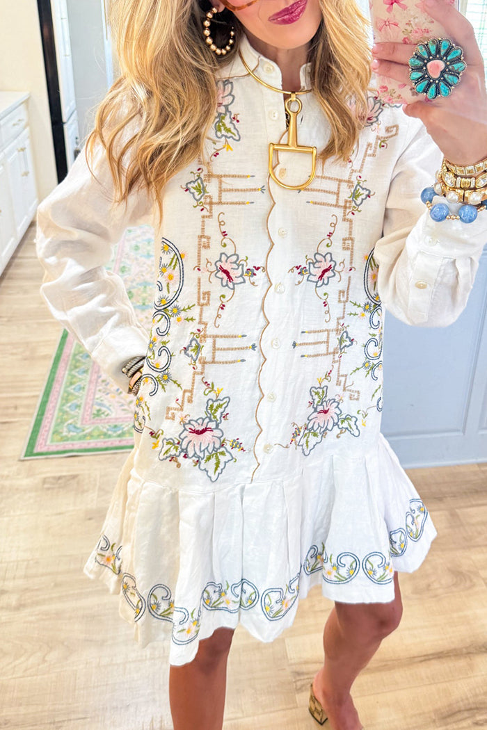 White Long Sleeve Ruffle Hem Midi Dress