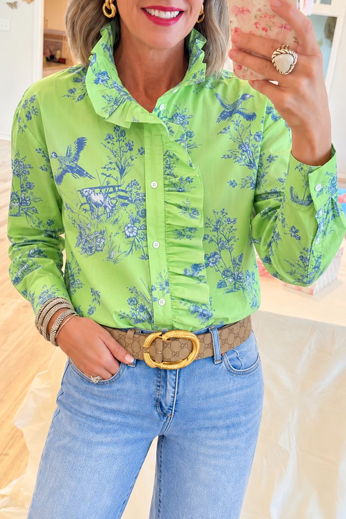 Long Sleeve Scenic Ruffle Front Top