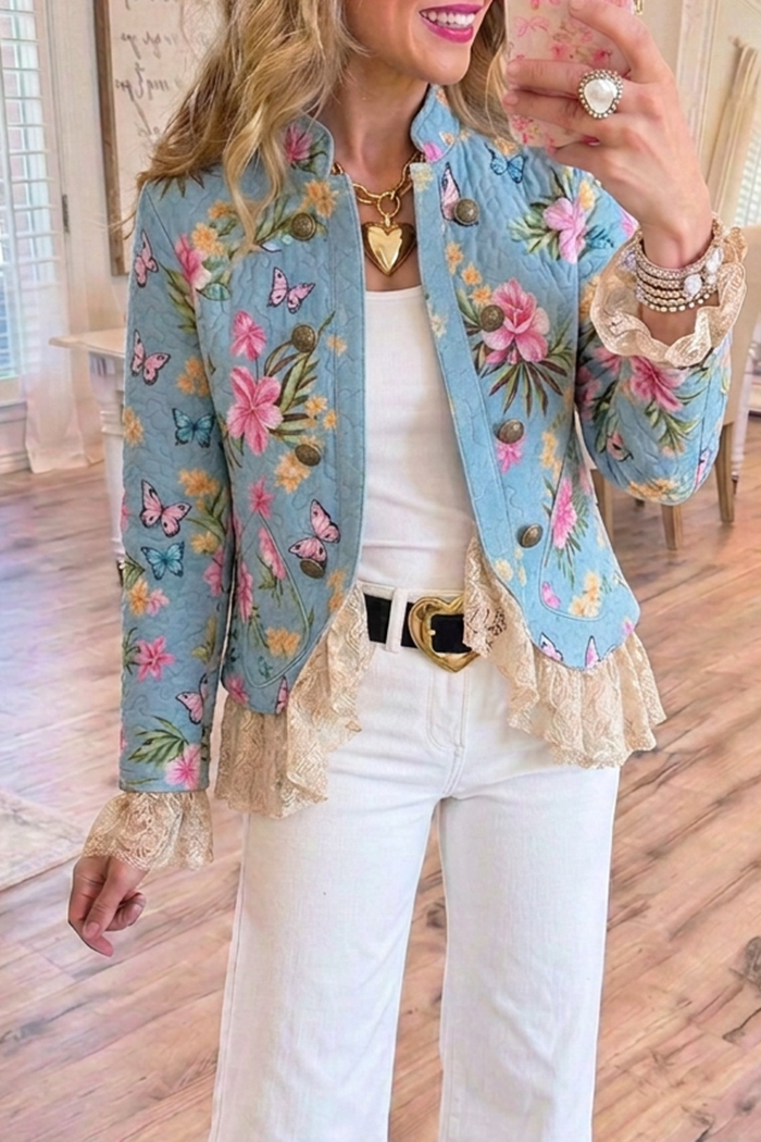 Light Blue Quilted Floral Butterfly Print Lace Ruffle Hem Cropped Jacket