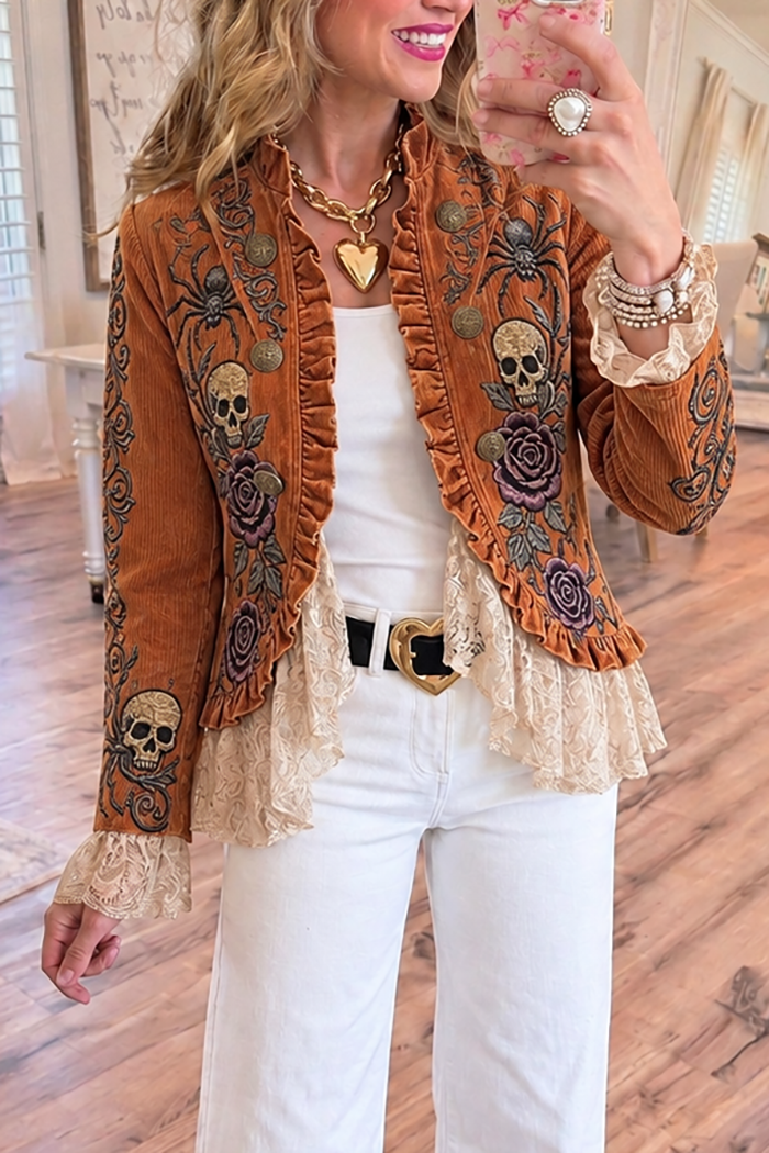 Burnt Orange Spider Skull Rose Corduroy Jacket