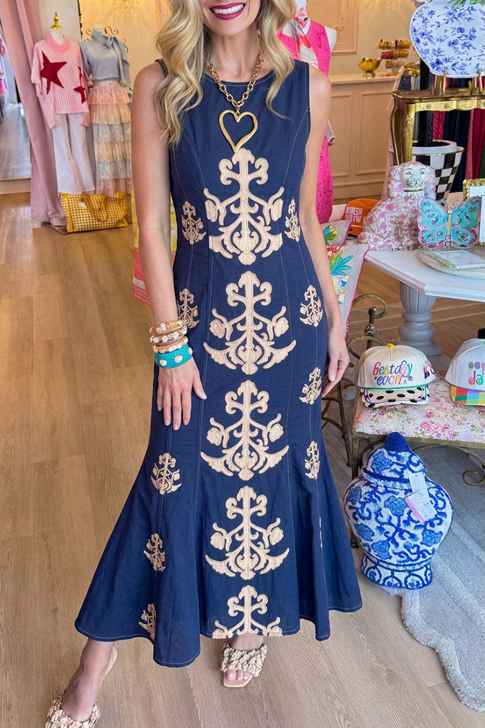 Round Neck Sleeveless Mermaid Hem Denim Maxi Dress
