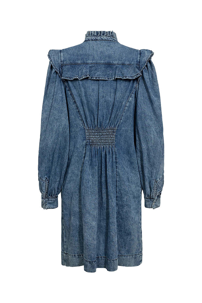 Mock Neck Ruffle Denim Dress