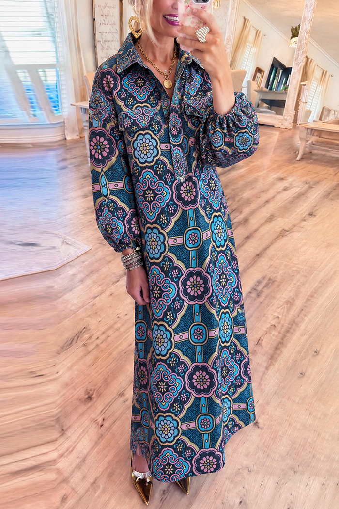 Navy Geometric Floral Pocket Maxi Dress