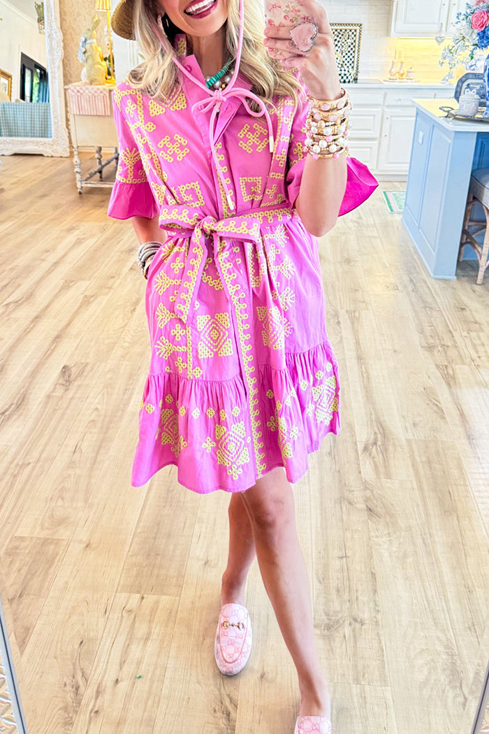 Pink Ruffle Cuff Tie-Waist Pocket Dress