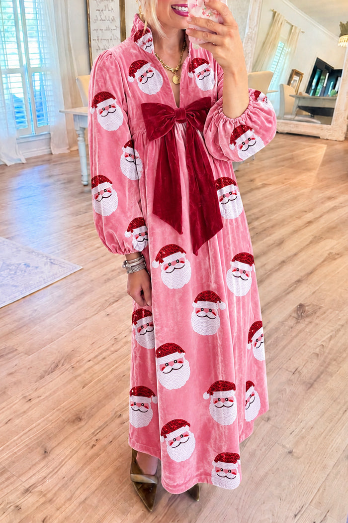 Rose Pink Velvet Sequin Santa Maxi Dress