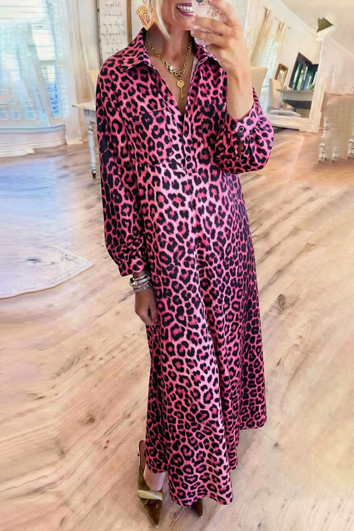 Leopard Print Chest Pockets Button Long Sleeves Shirt Maxi Dress