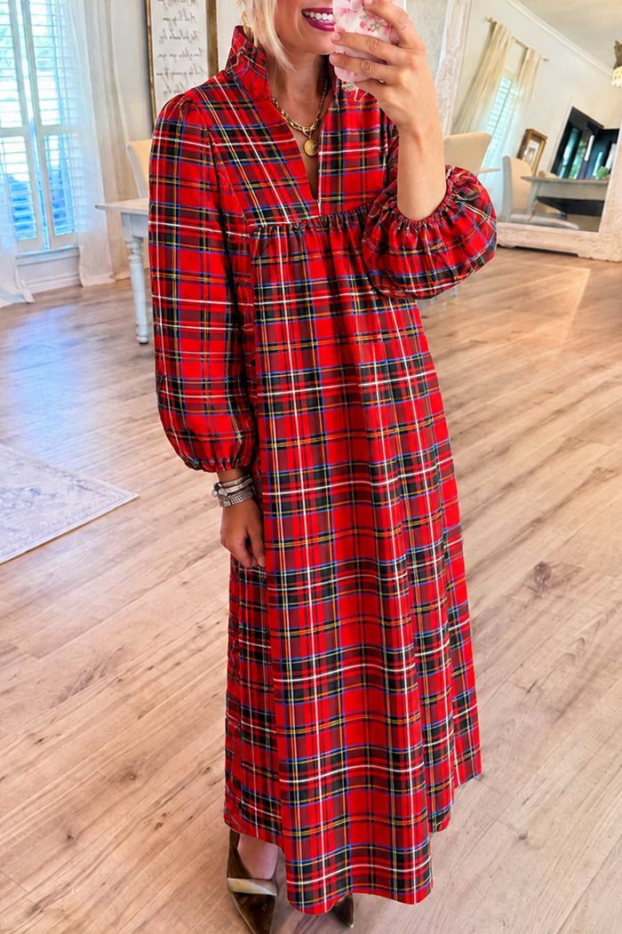 Red Plaid Long Bubble Sleeve Maxi Dress