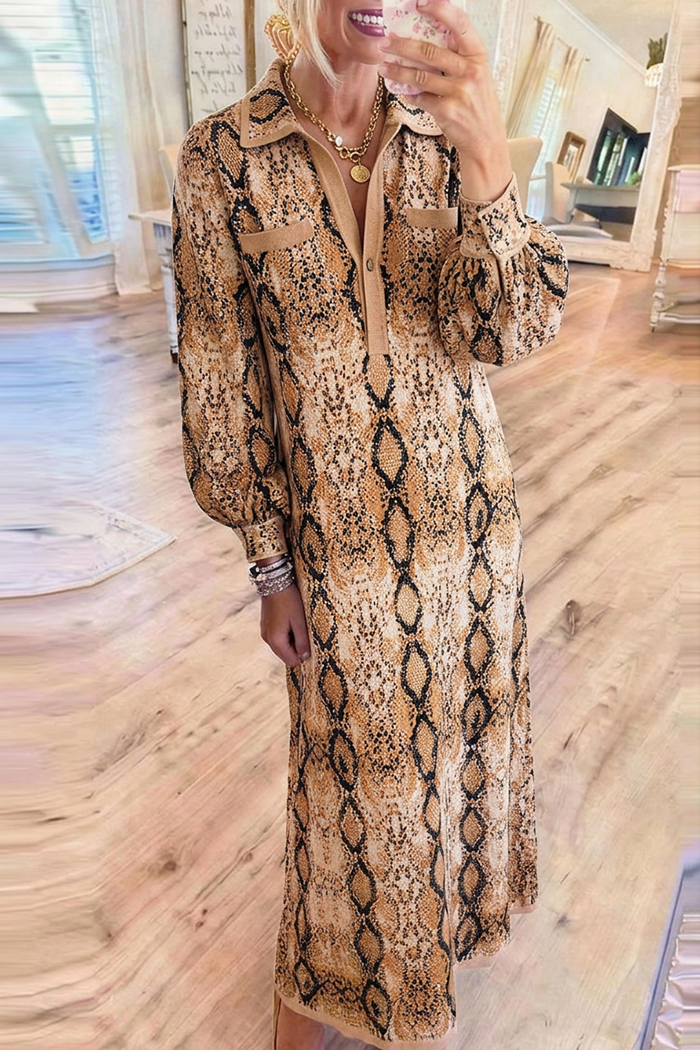 Snake Print Collared Chest Pocket Puff Sleeve Maxi Dress