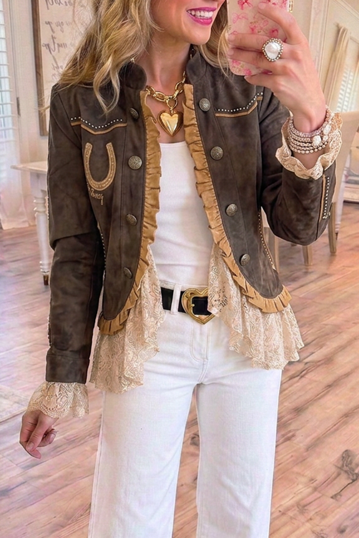 Western Horseshoe Embroidery Ruffle Lace Hem Jacket