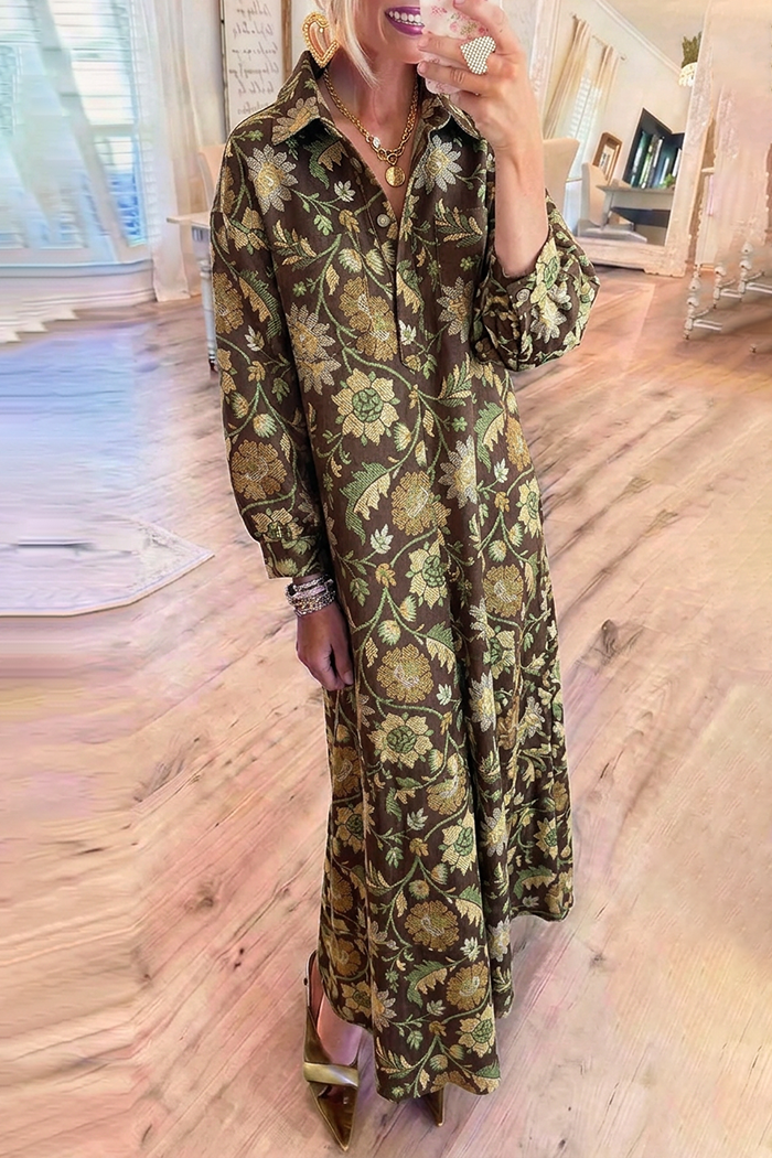 Brown Olive Floral Jacquard Collar Half‑Button Pockets Maxi Dress