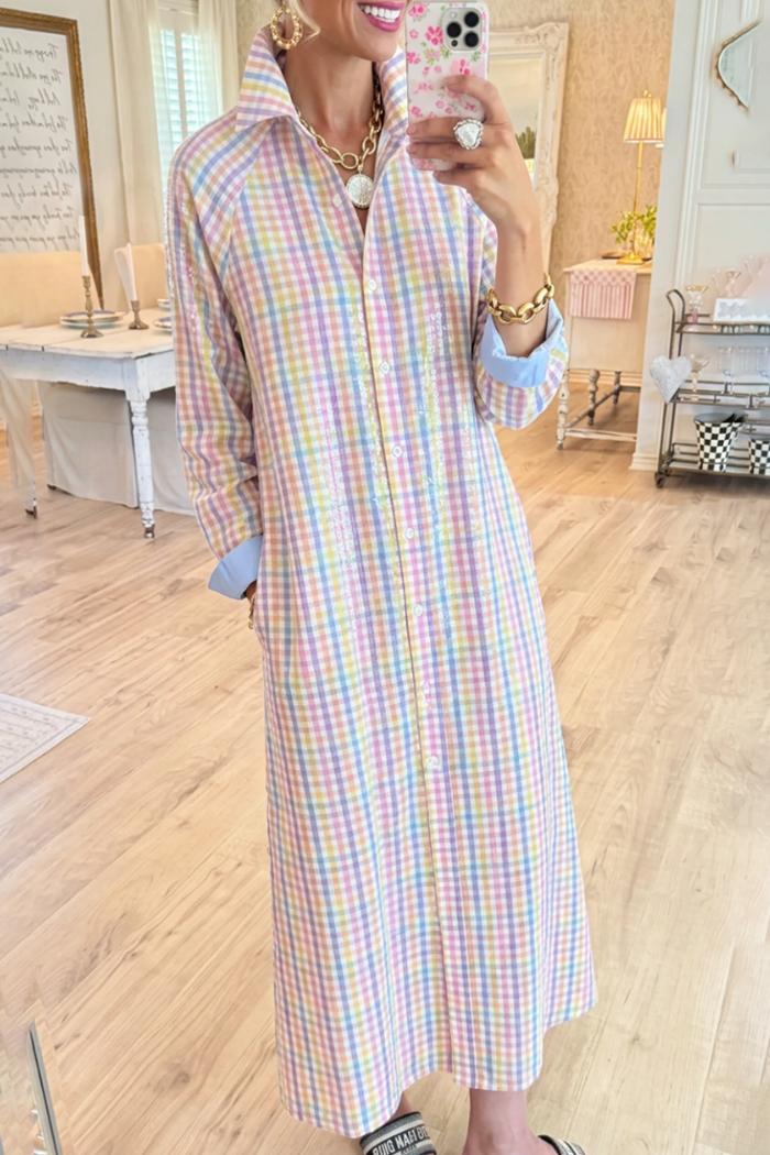 Colorful Plaid Collared Button Pocket Maxi Dress