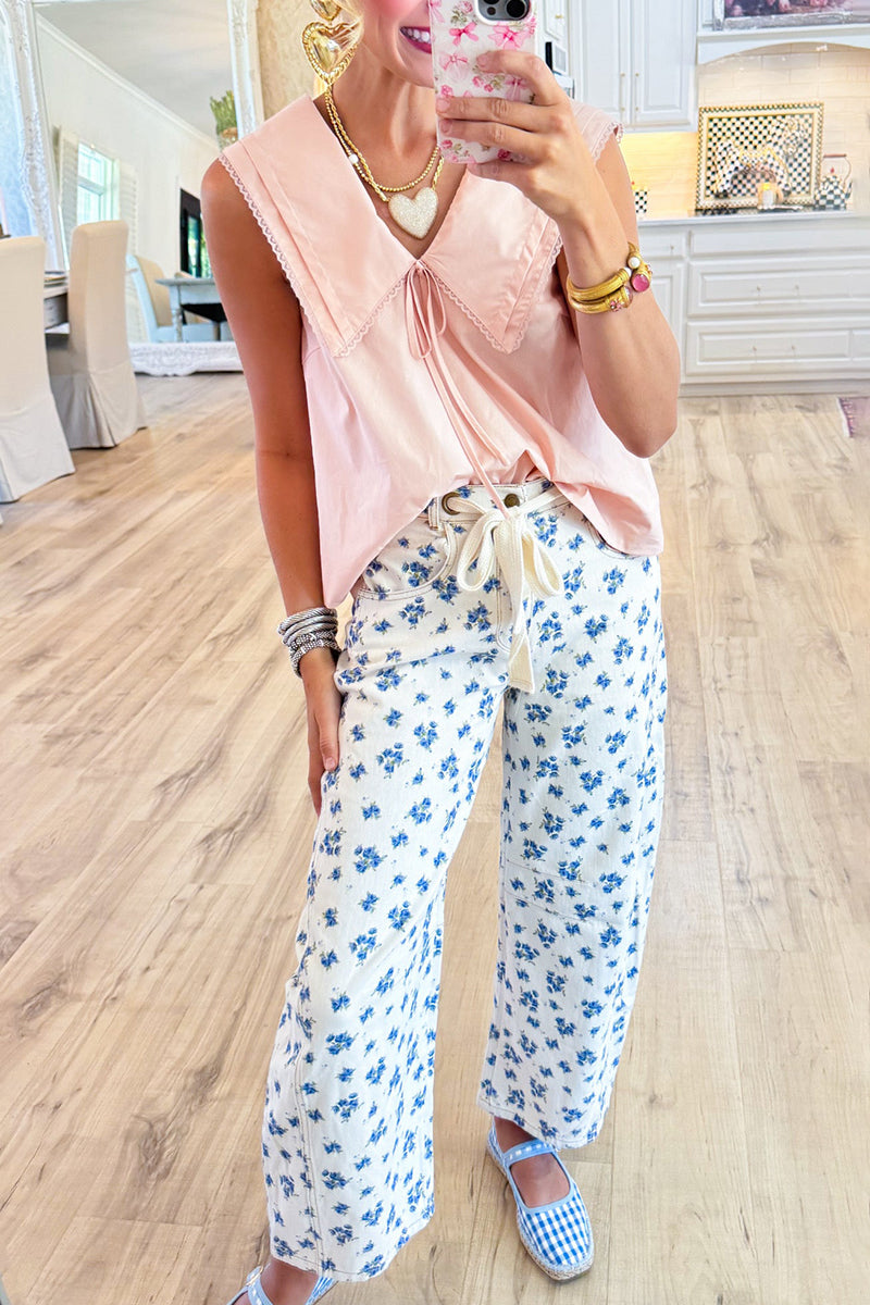 Cream and Blue Floral Printed Jeans
