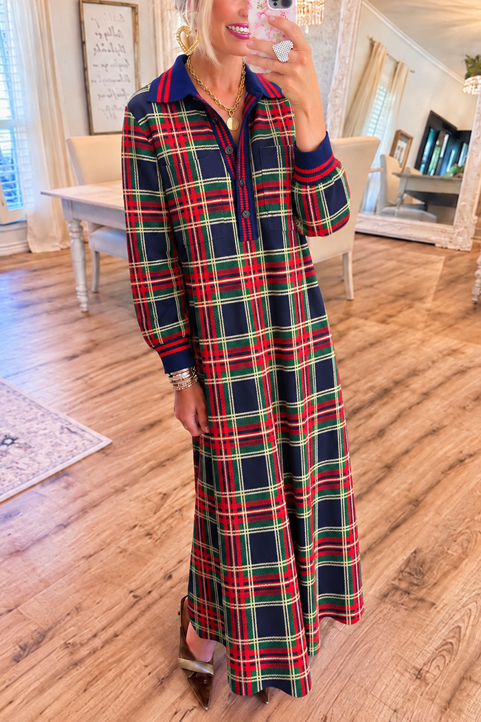 Plaid Pocket Knit Maxi Dress