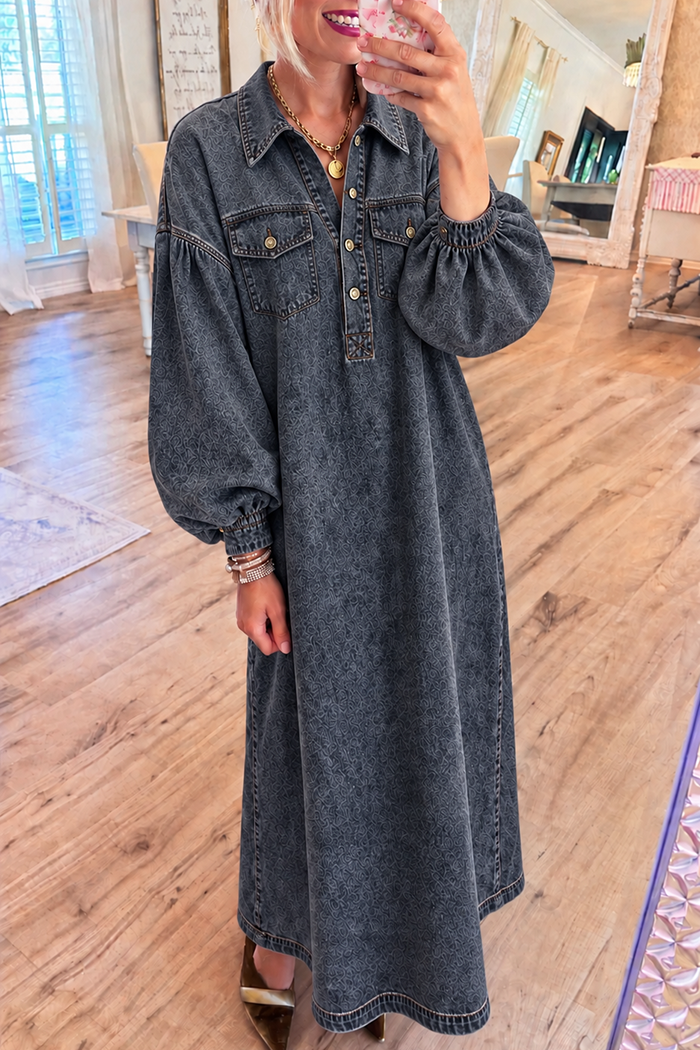Balloon Sleeve Flap Chest Pockets Denim Maxi Dress