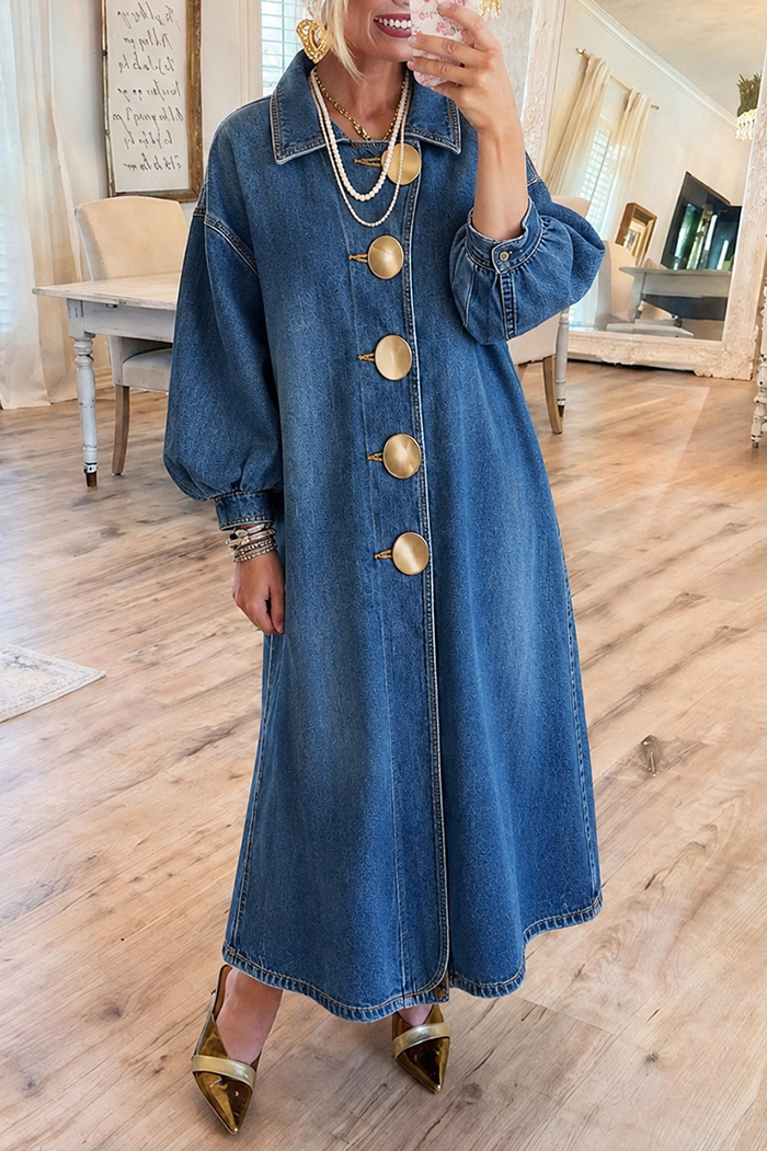 Big Gold Button Pockets Denim Maxi Dress