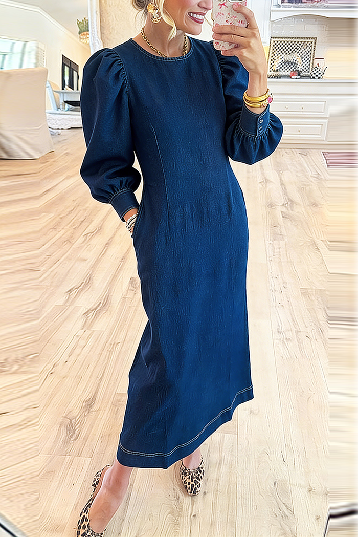 Crew Neck Puff Sleeve Pocket Denim Maxi Dress