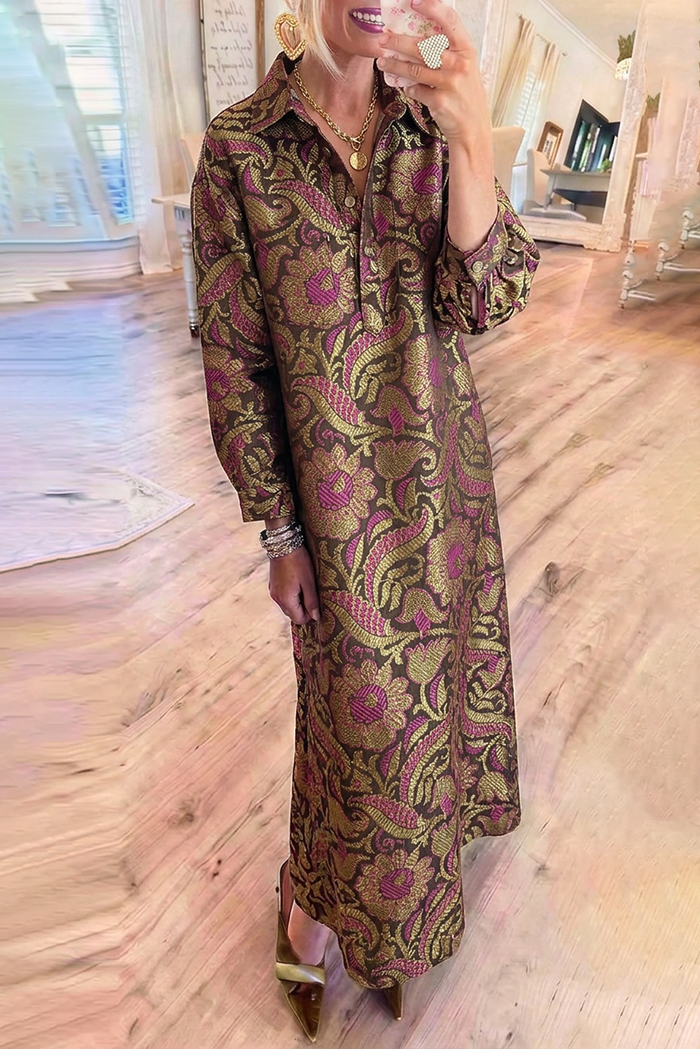 Paisley Floral Jacquard Collar Half‑Button Pockets Maxi Dress