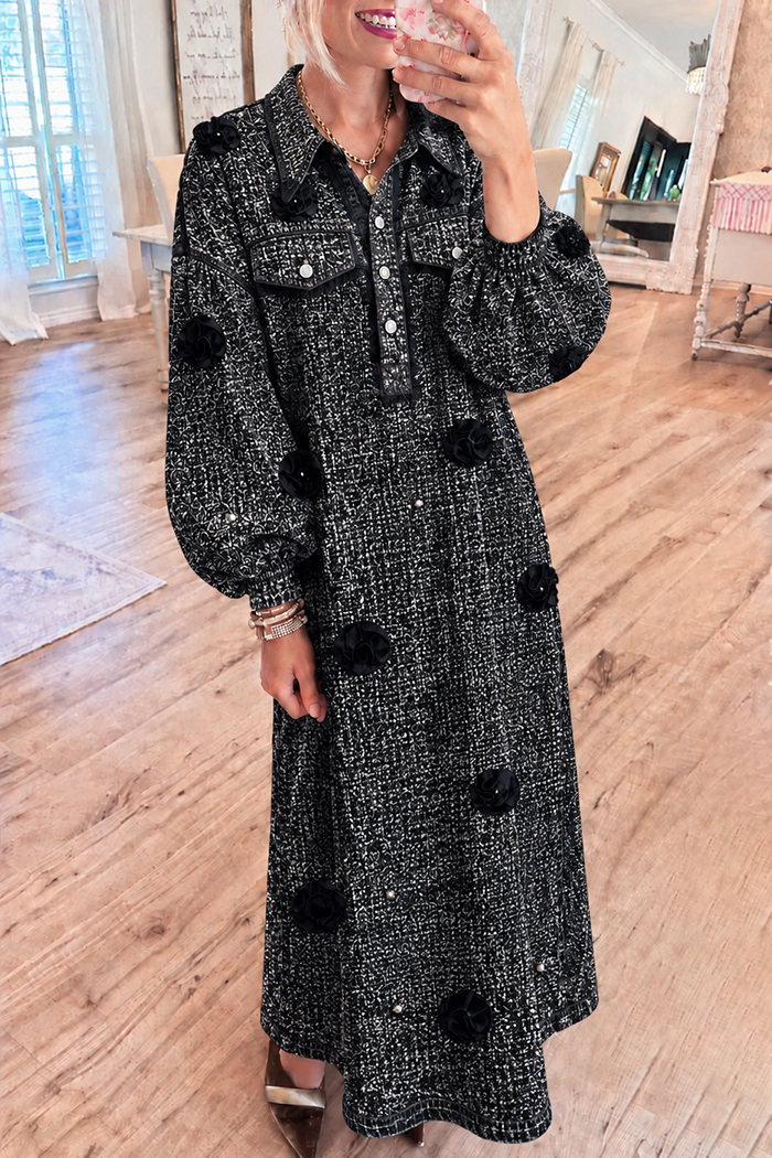 Black White Heather Floral Collared Button Pocket Maxi Dress