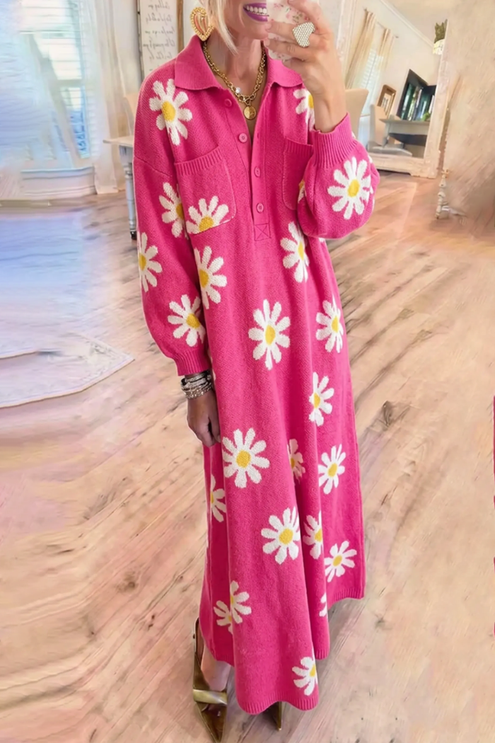 Daisy Jacquard Chest Pocket Long Sleeve Knit Maxi Dress