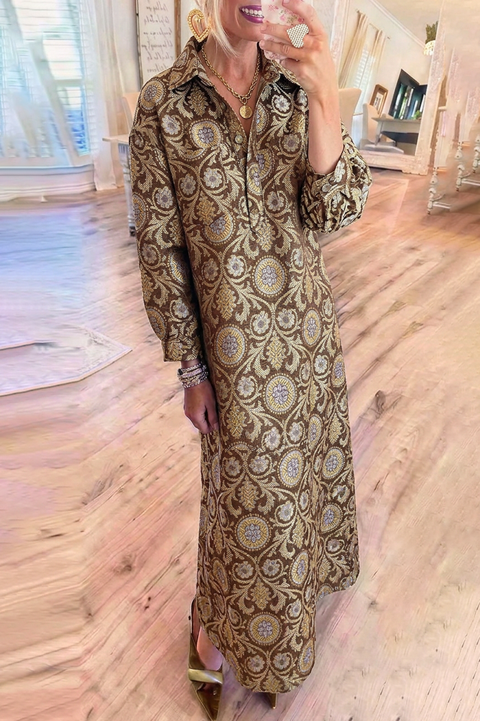 Ornamental Jacquard Collar Half‑Button Pockets Maxi Dress