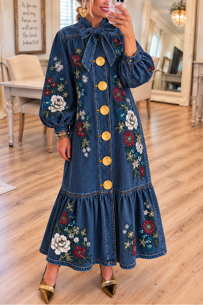 Denim Bow Neck Floral Embroidered Maxi Dress