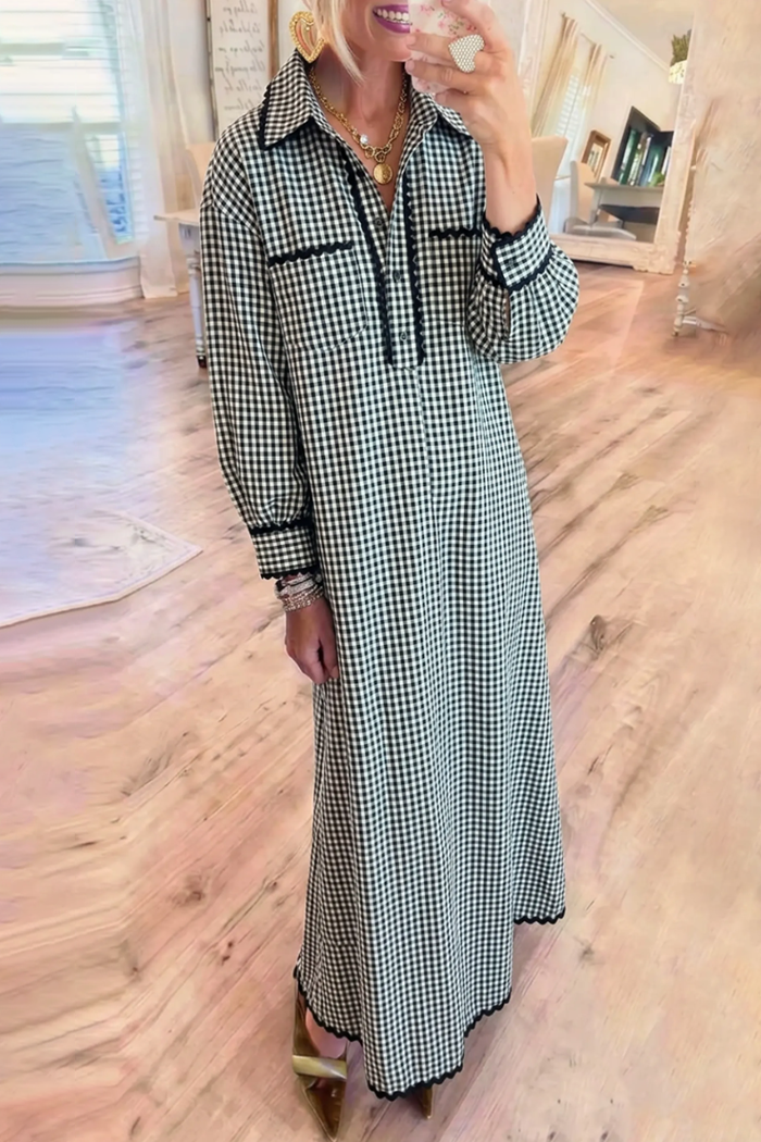 Gingham Scallop Trim Shirt Collar Half Button Maxi Dress
