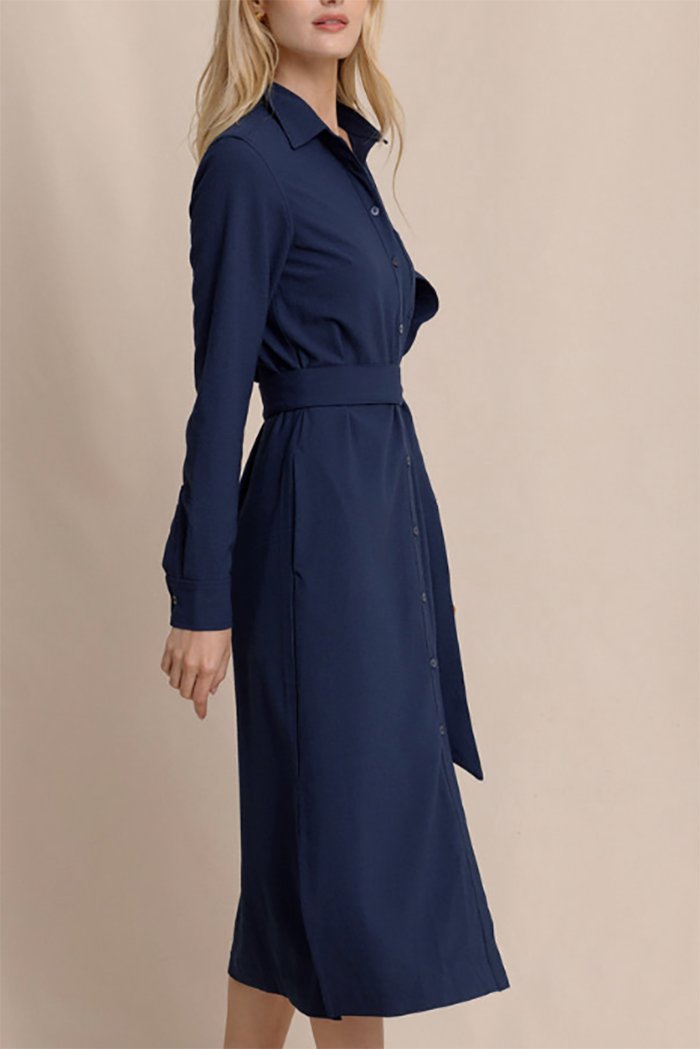 Shirt Collar Belted Midi Dress