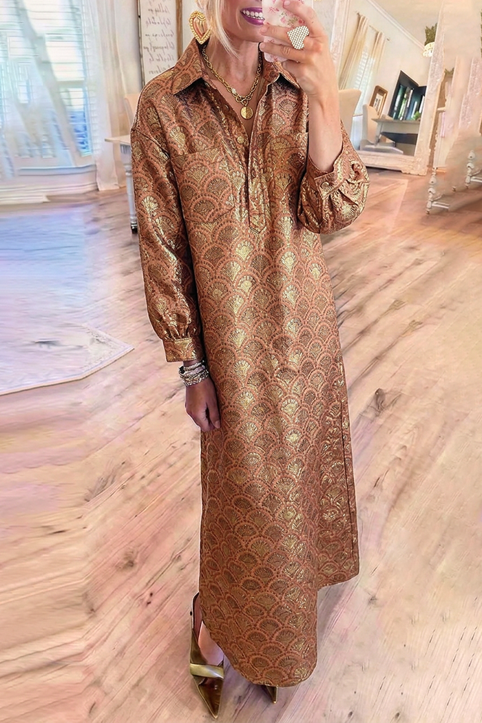 Shell Jacquard Collar Half‑Button Pockets Maxi Dress