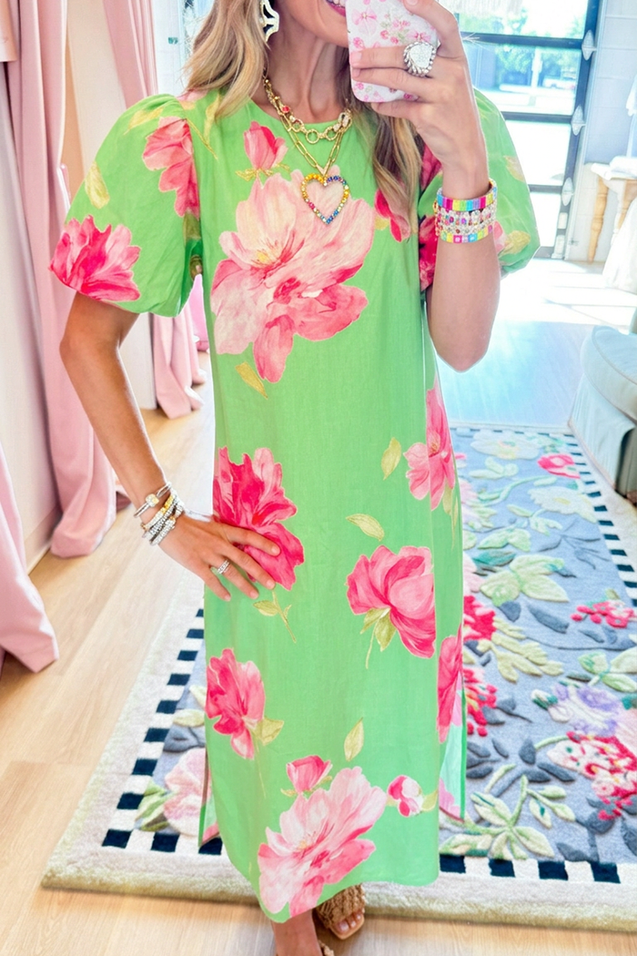 Casual Floral Print Puff Sleeve Dress
