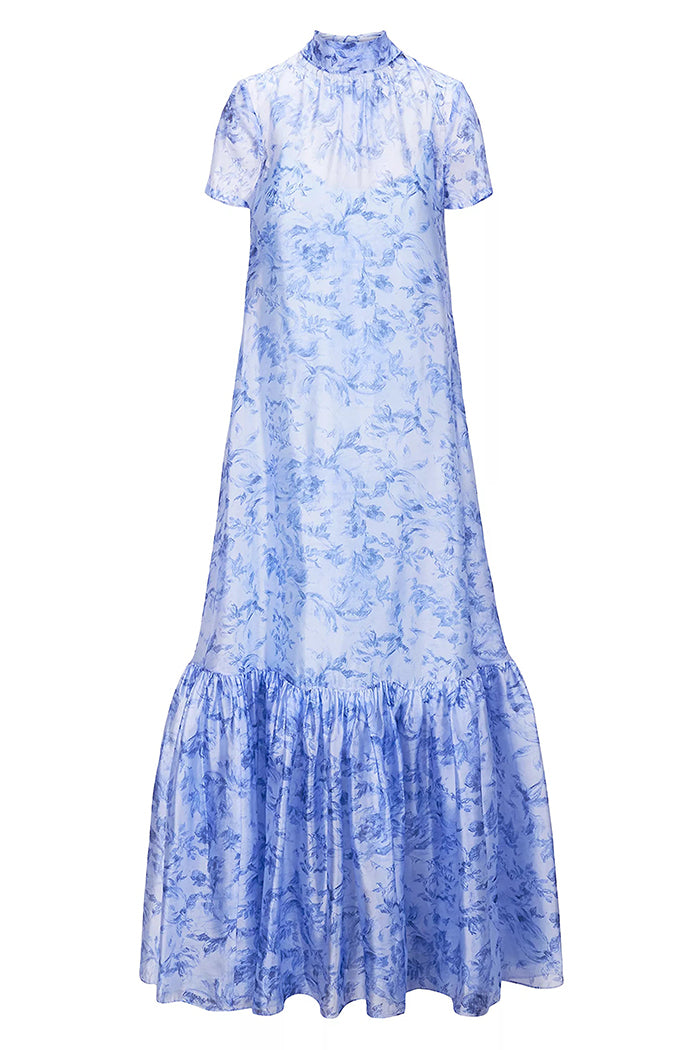 High Neck Short Sleeve Floral Tiered Maxi Dress