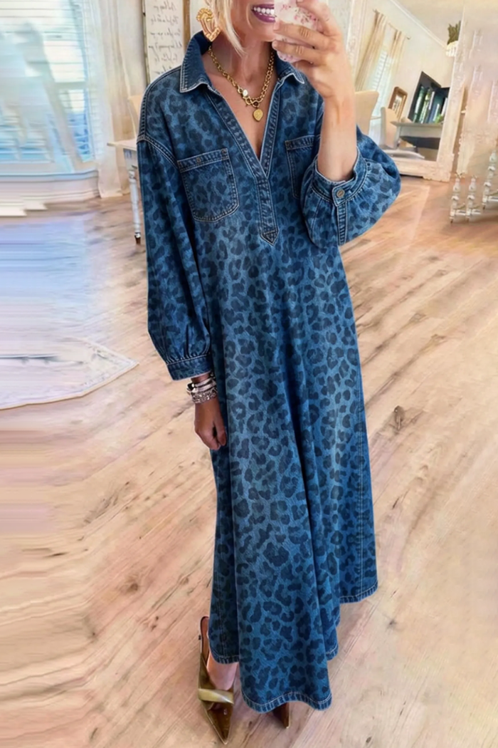 Denim Leopard Chest Pockets Maxi Dress
