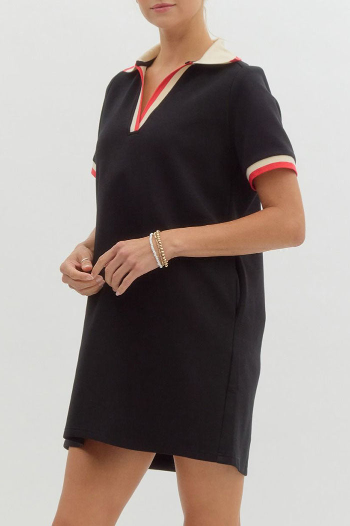 Solid Stripe Trim Pocket Dress