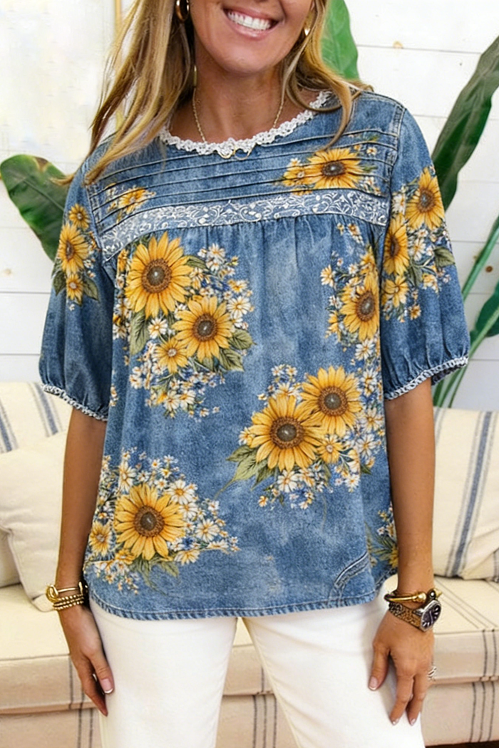 Sunflower Print Puff Sleeve Denim Top