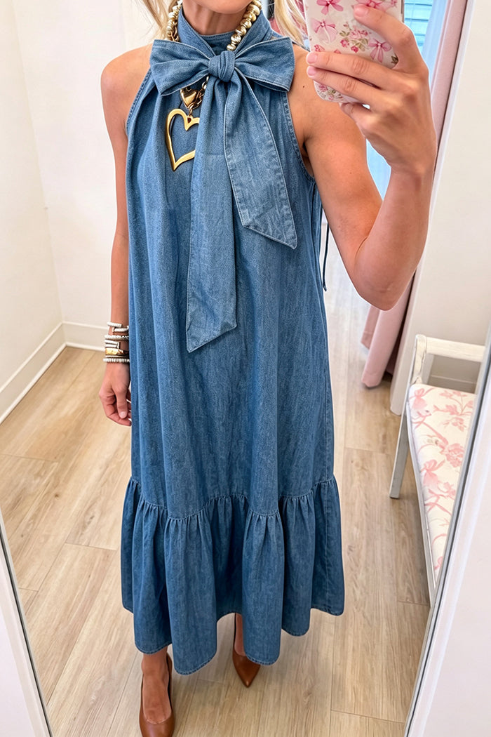 Bow Halter Chambray Maxi Dress