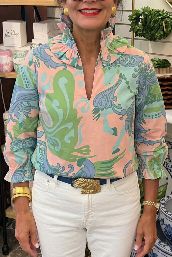 Ruffle Trim Long Sleeve Printed Top