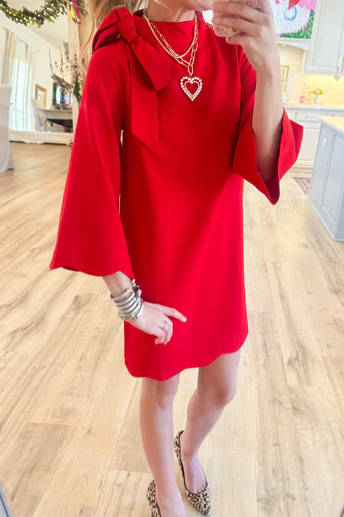Red Long Sleeves Bow Scallop Hem Dress