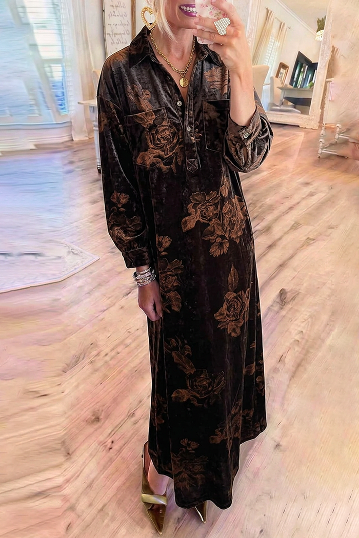 Velvet Floral Collared Pockets Long Sleeve Maxi Dress