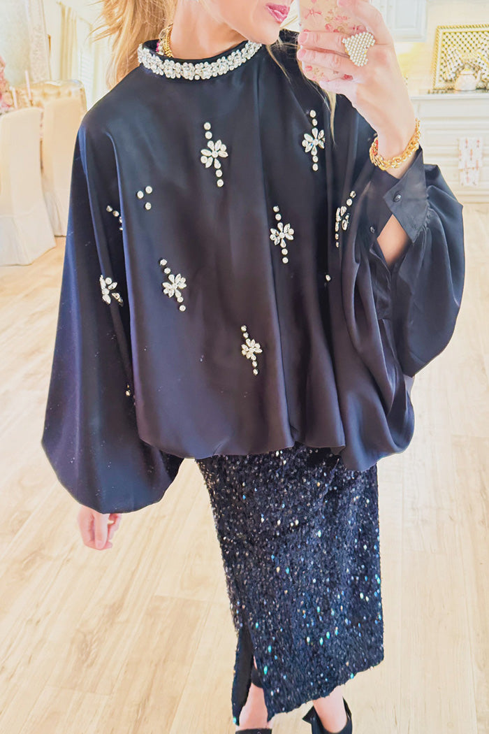 Black Embellished Applique High Neck Balloon Blouse