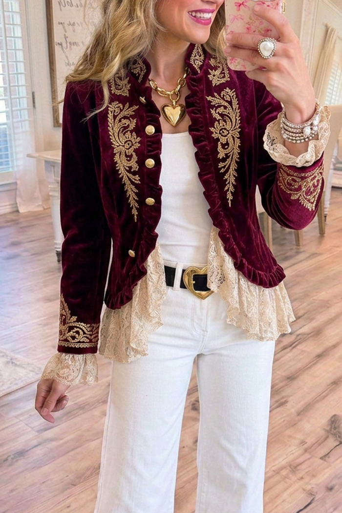 Embroidery Lace Ruffle Hem Cropped Velvet Jacket