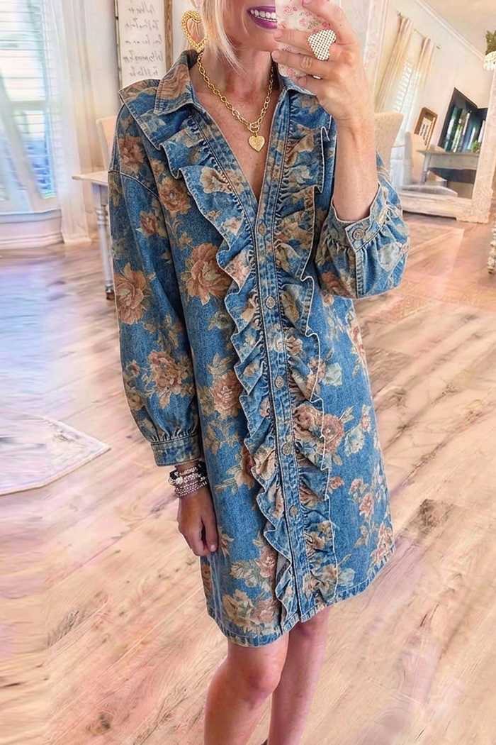 Blue Denim Ruffle Placket Vintage Floral Shirt Dress